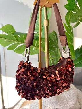 Vintage Y2K ALDO Brown Sequin Paillette Bow Shoulder Bag 2000s